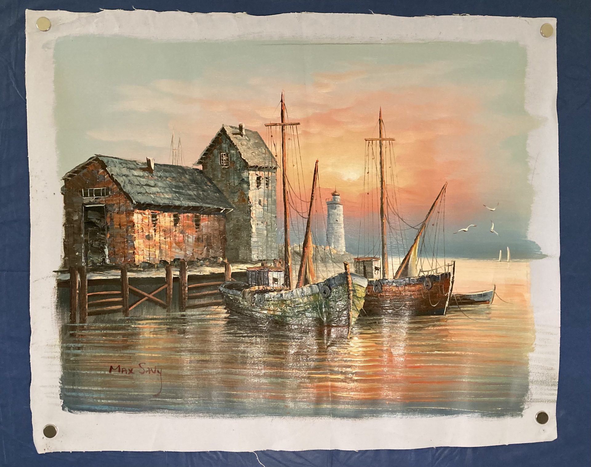 Fishing Harbour in early evening by Max Savy Oil on Canvas Painting